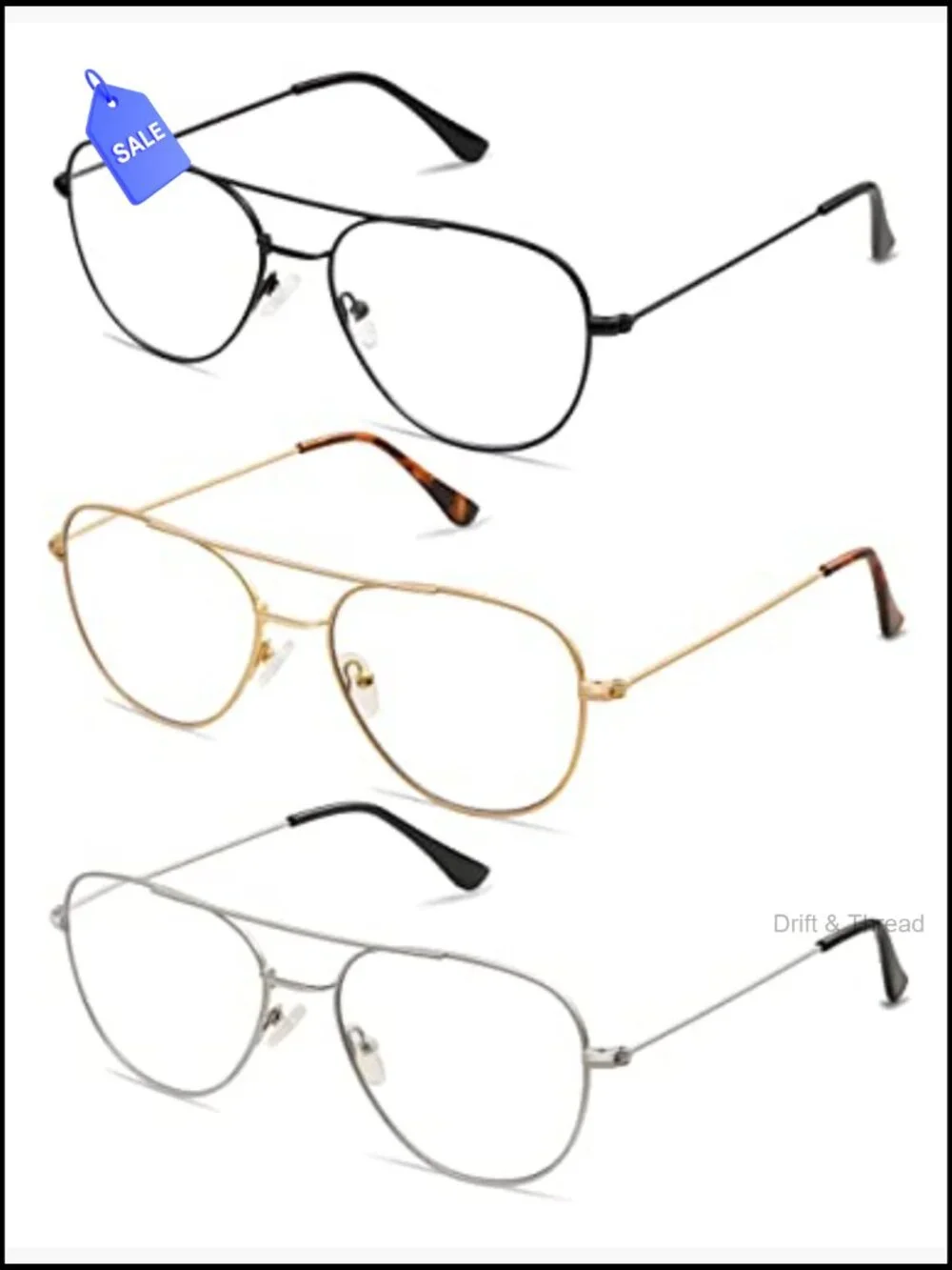3-Pack Retro Aviator Reading Glasses Blue Light Blocking Square Metal Readers